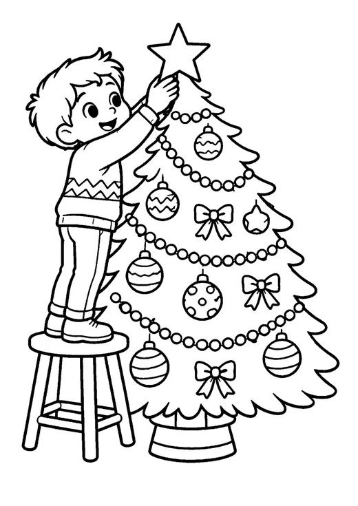 Página del bono: un niño decorando el árbol de Navidad