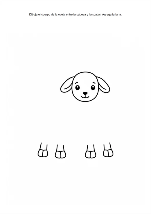 Página del cuaderno: rostro y patitas de una oveja, sin el cuerpo