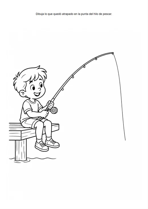 Página del cuaderno: un niño pescando, sin el río ni los peces