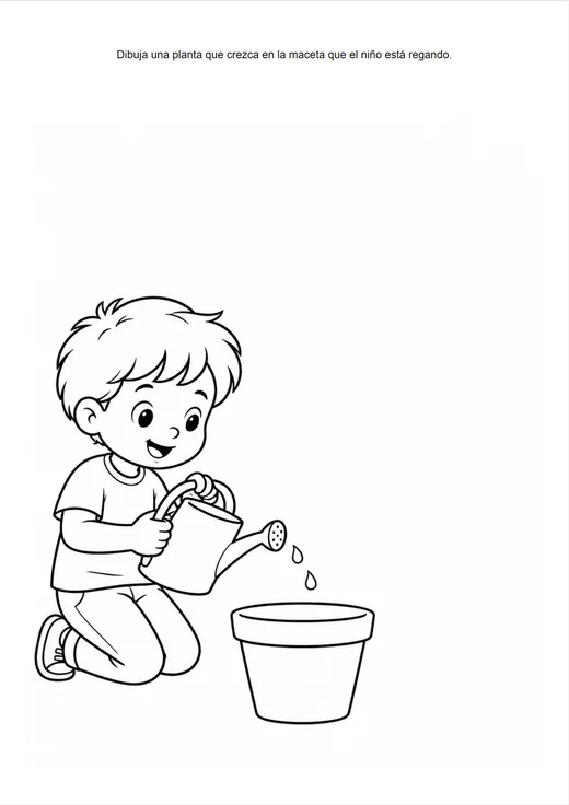 Página del cuaderno: un niño regando una maceta, sin la planta