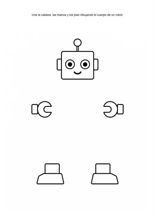 Página del cuaderno: cabeza, manos y pies de un robot, sin el cuerpo
