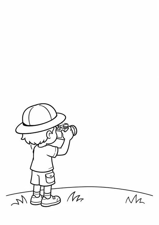 Actividad con un niño de sombrero, de espaldas, tomando una foto de un paisaje en blanco